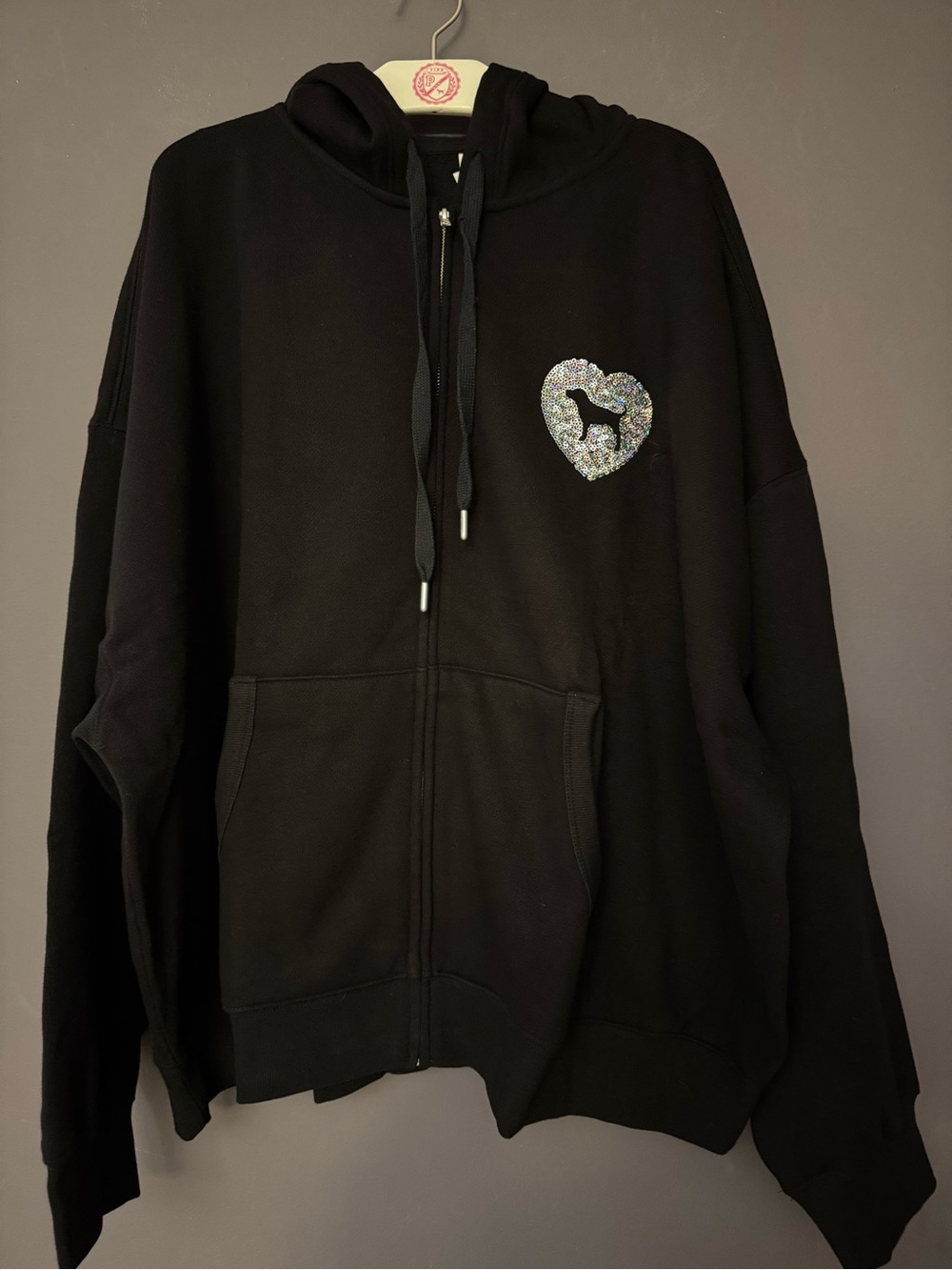VS PINK CAMPUS FLEECE FULL ZIP HOODIE SWEATSHIRT BLACK BLING 86 LOVE HEART NWT - Picture 3 of 8